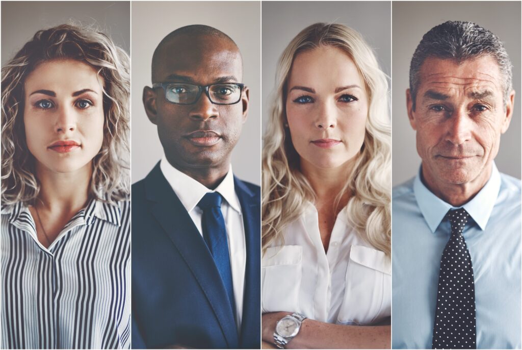 Collage of portraits of an ethnically diverse and mixed age group of focused business professionals