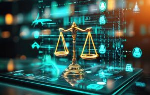 Digital scales of justice on tablet screen. Law and justice concept. Rendering