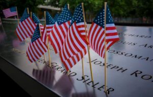 American flags decorating Stephen Siller's memorial