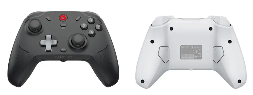 Front view of the GameSir T4 Cyclone Pro (left) and back view of the T4 Cyclone game controllers with Hall Effect sensors